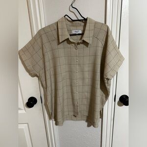 OAT New York Beige Plaid Button Front Blouse Women’s Large Minimalist Workwear